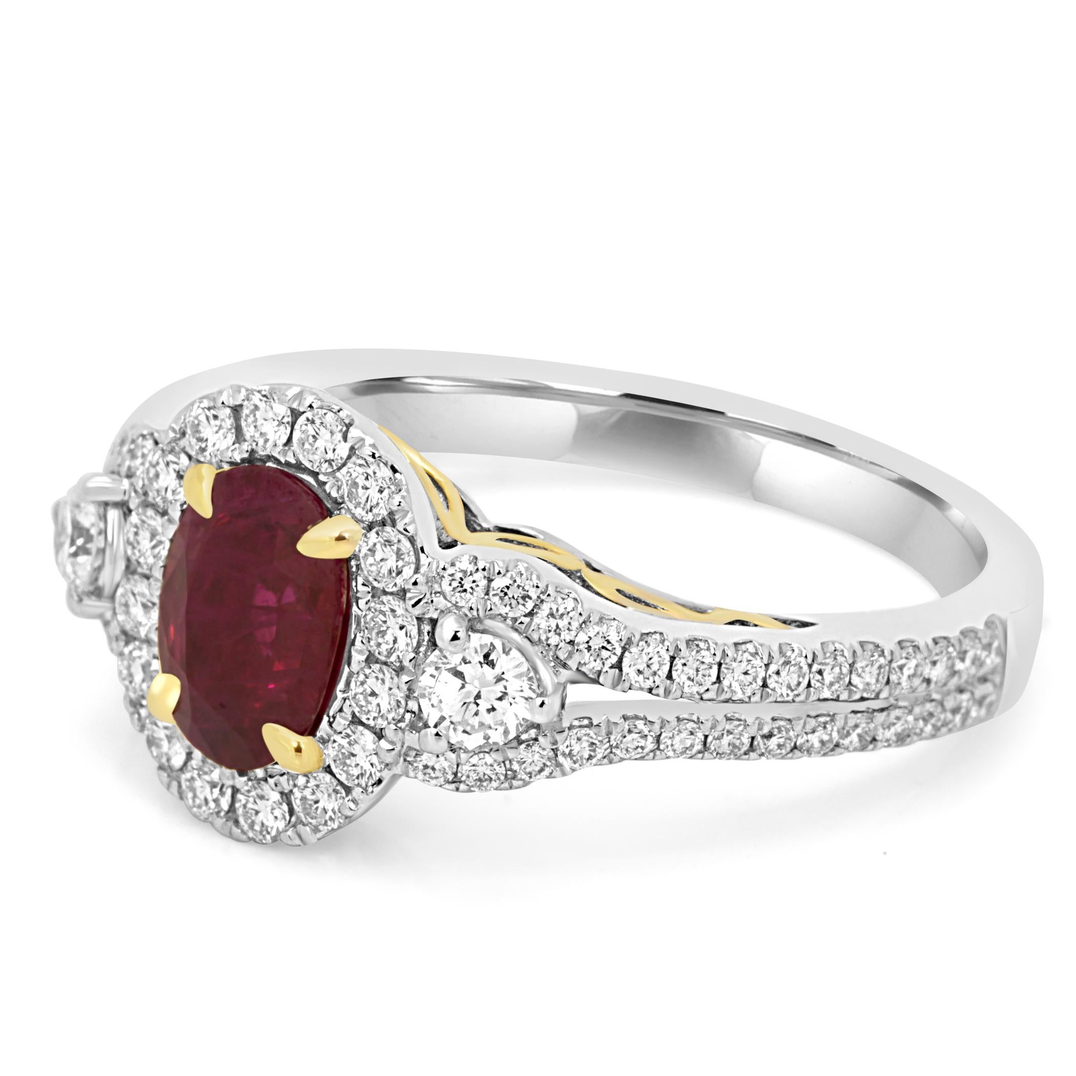 Stunning Ruby Oval 0.80 Carat Encircled in a Single Halo of White Round Diamonds 0.48 Carats Flanked with 2 White Round Diamonds 0.16 Carat in 14K White and Yellow Gold Bridal and Cocktail Three Stone Ring.

Style available in different price