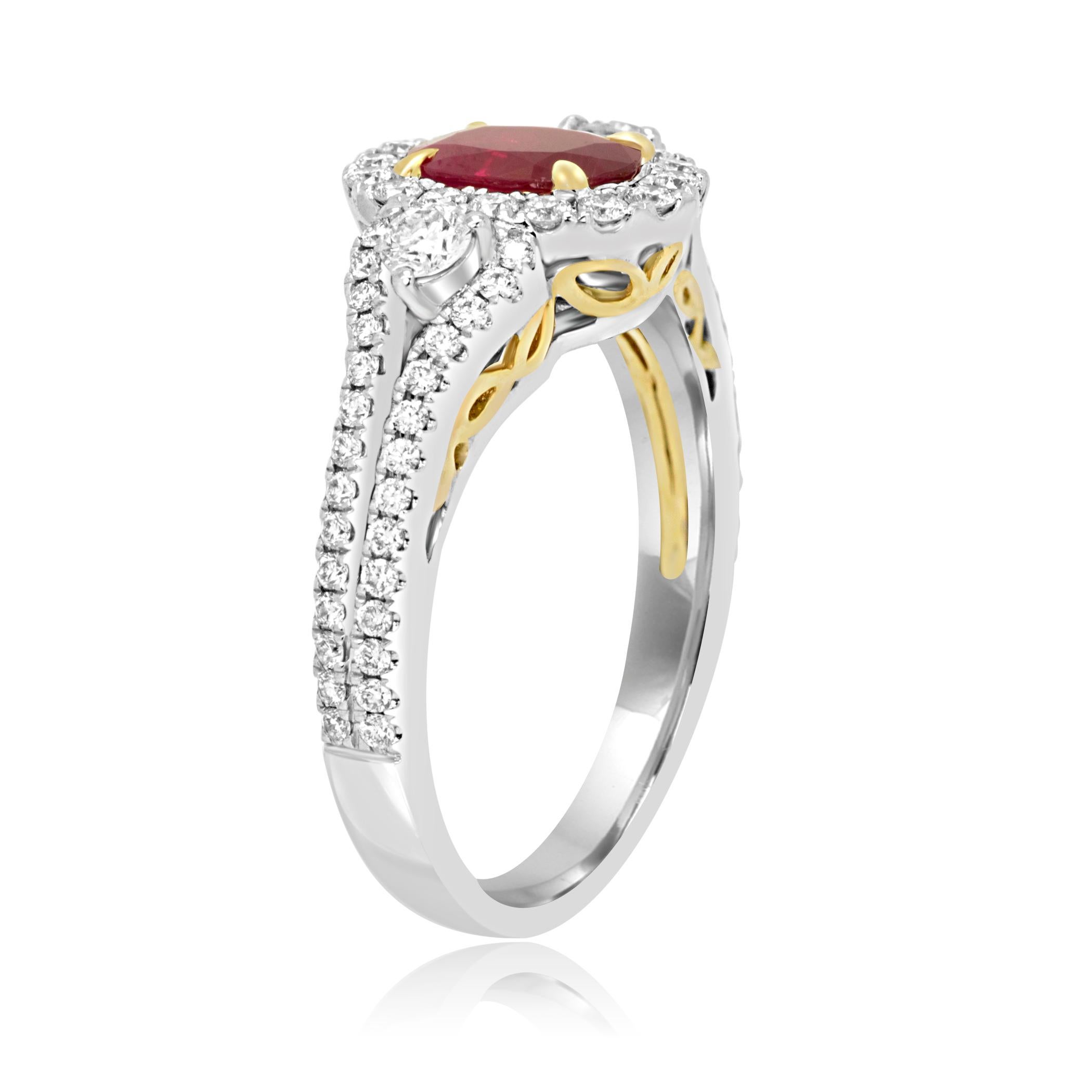 Contemporary Ruby Oval Diamond Round Halo Three-Stone Two-Color Gold Bridal Cocktail Ring