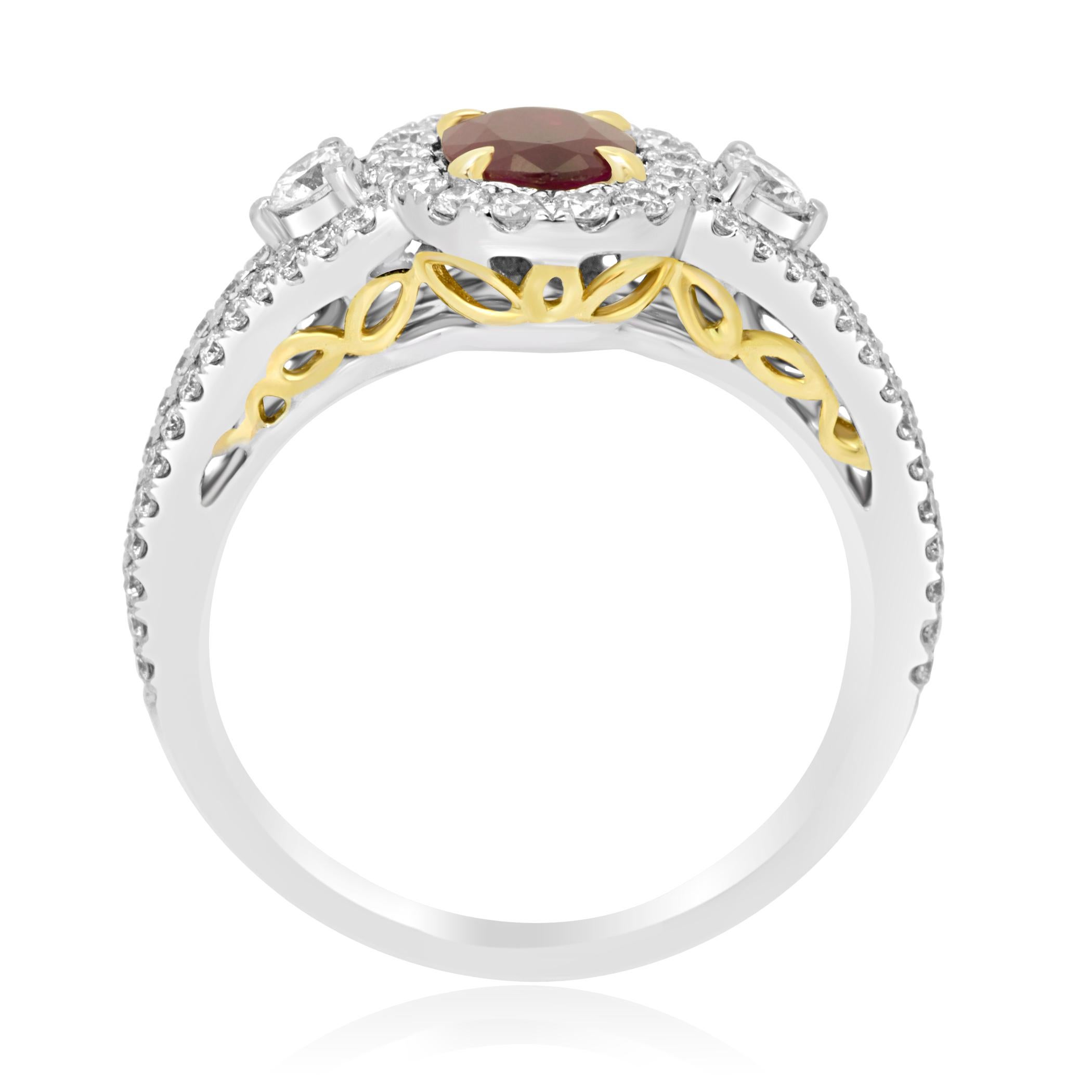 Oval Cut Ruby Oval Diamond Round Halo Three-Stone Two-Color Gold Bridal Cocktail Ring