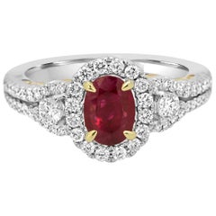 Ruby Oval Diamond Round Halo Three-Stone Two-Color Gold Bridal Cocktail Ring