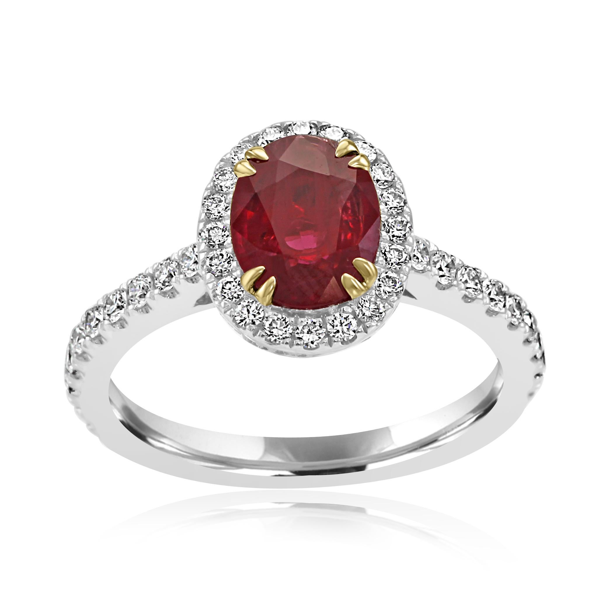 Modern Ruby Oval Diamond Round Halo 14K White and Yellow Gold Bridal Fashion Ring