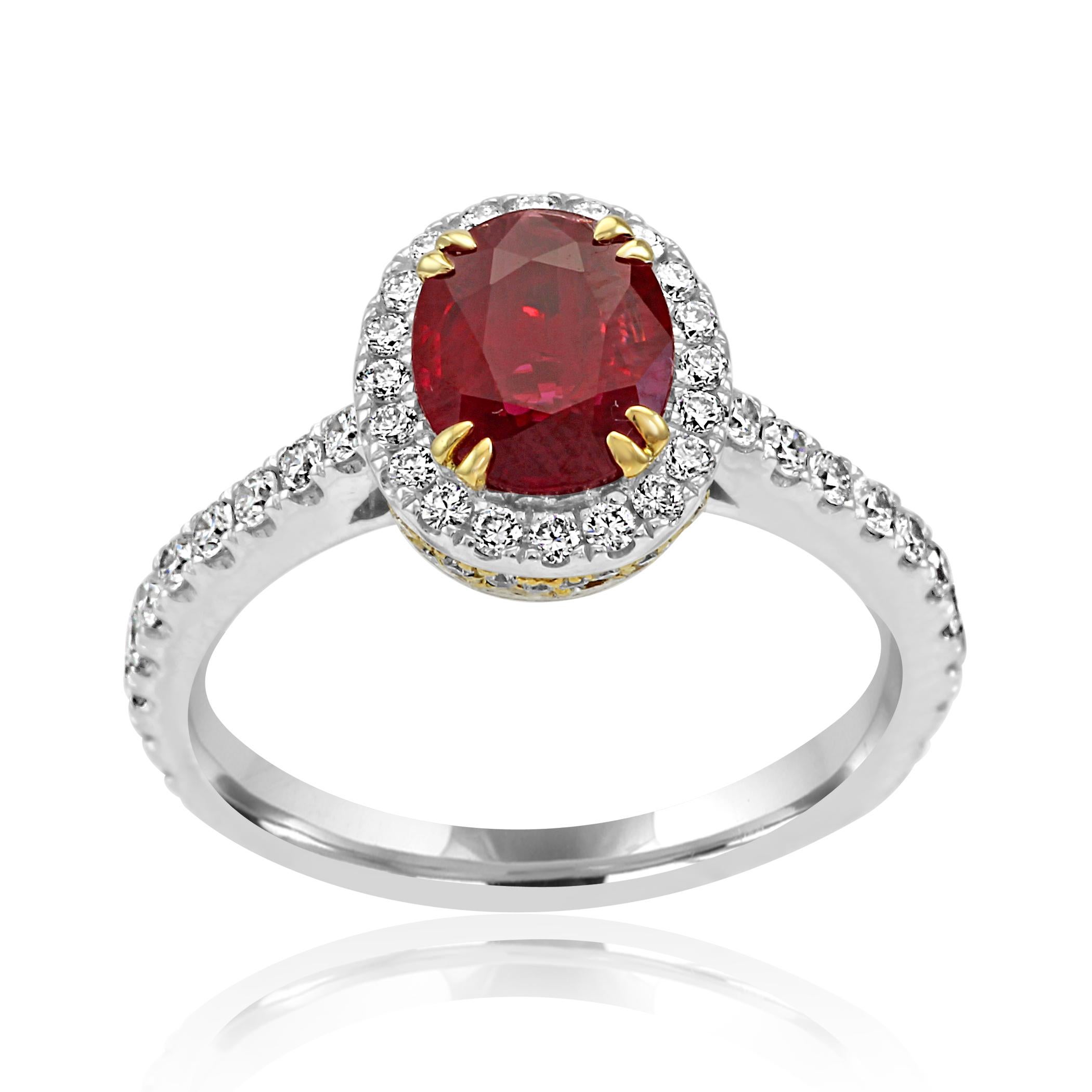 Ruby Oval Diamond Round Halo 14K White and Yellow Gold Bridal Fashion Ring In New Condition In NEW YORK, NY