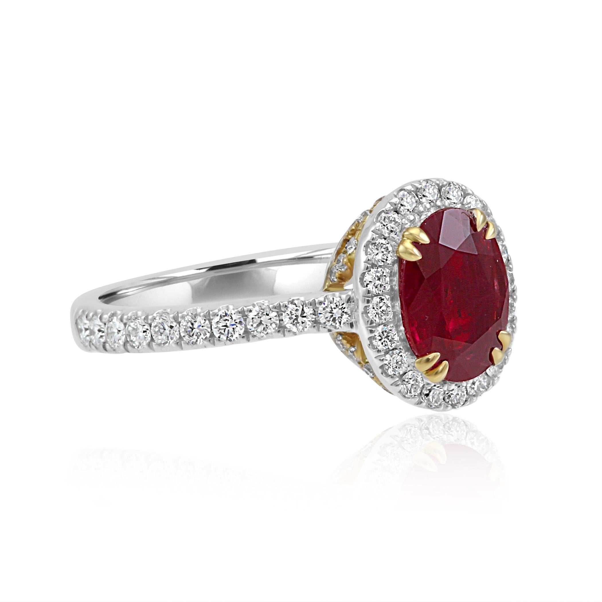 Women's or Men's Ruby Oval Diamond Round Halo 14K White and Yellow Gold Bridal Fashion Ring