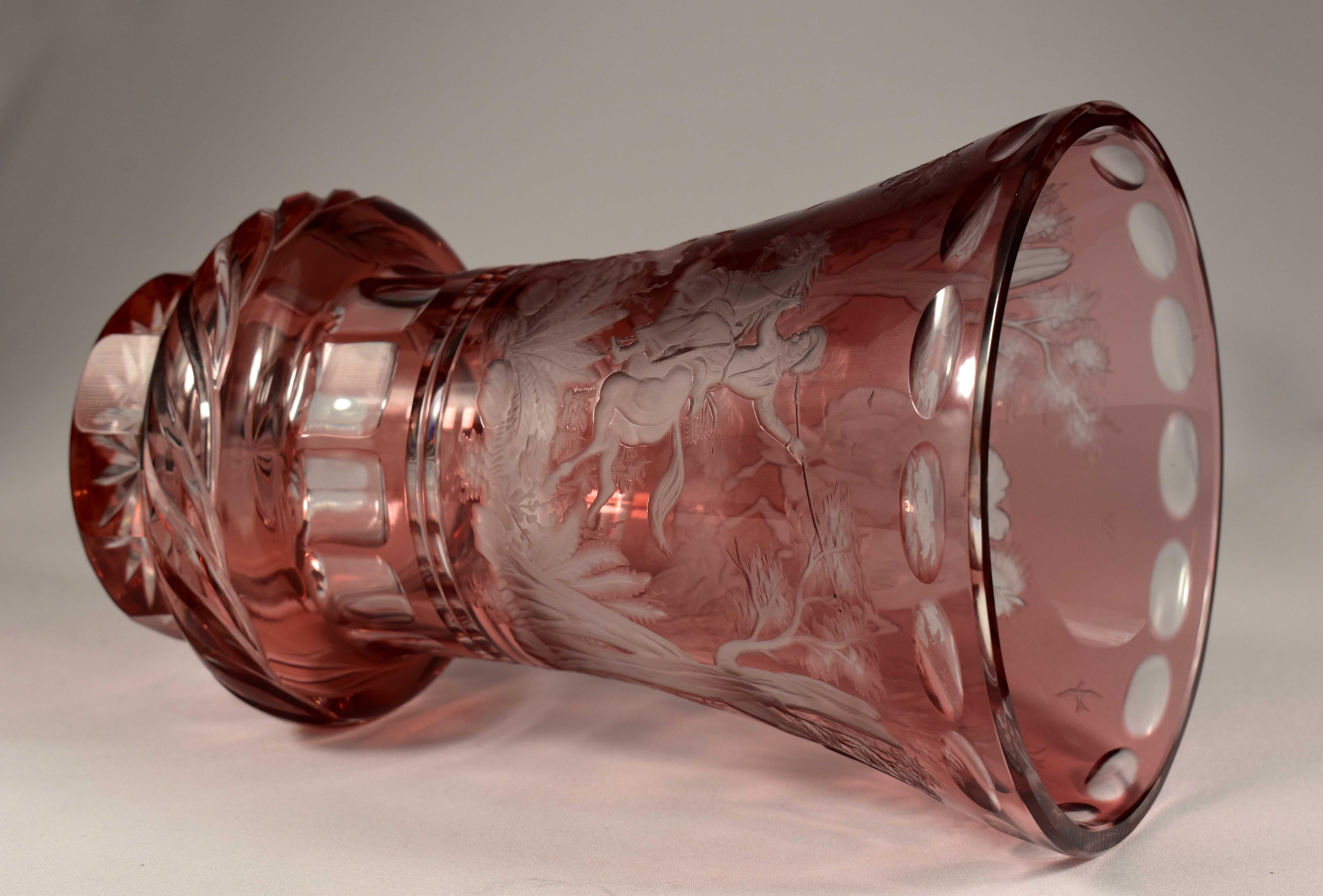 Ruby Overlay Vase Engraved, the Lion Hunt 20th Century, Bohemian Glass For Sale 6