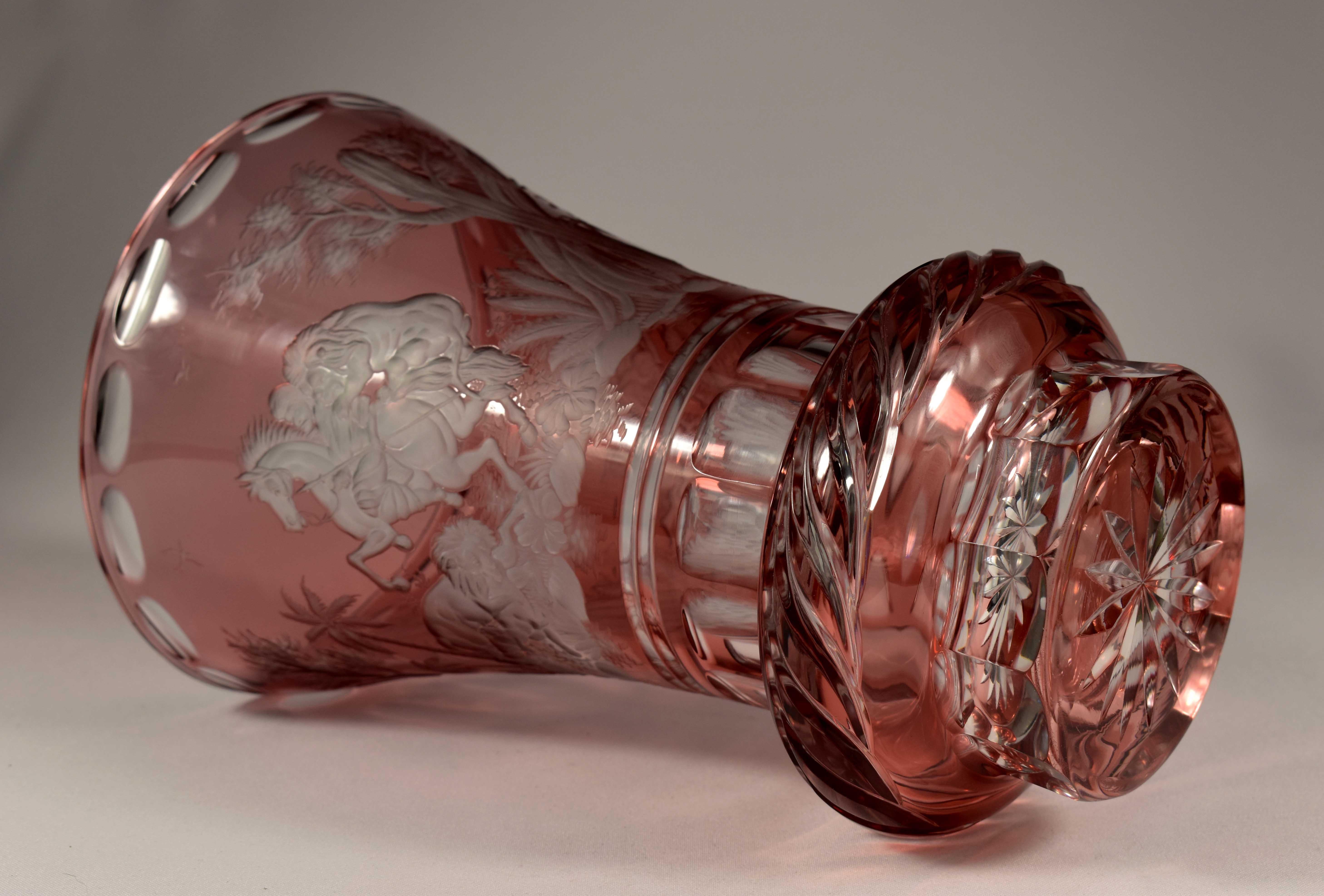 Ruby Overlay Vase Engraved, the Lion Hunt 20th Century, Bohemian Glass For Sale 7