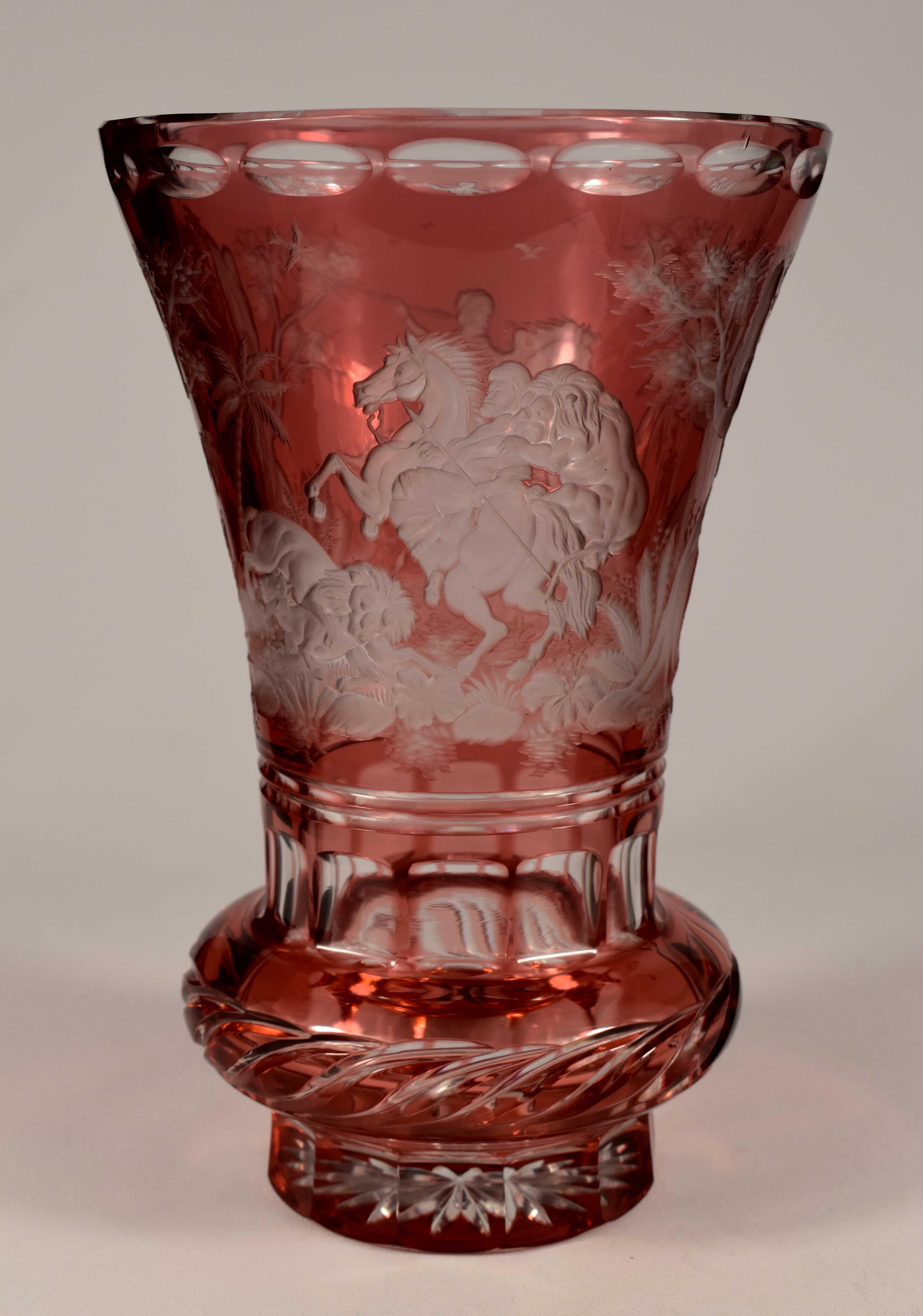Ruby overlay vase, hand blown, cut and engraved, This is an art engraving depicting a historical lion hunt, A beautiful work of art by Bohemian glassmakers of the 20th century, Bohemian glassmakers were renowned worldwide for their professionalism