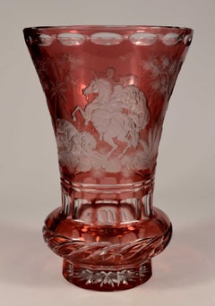 Ruby Overlay Vase Engraved, the Lion Hunt 20th Century, Bohemian Glass