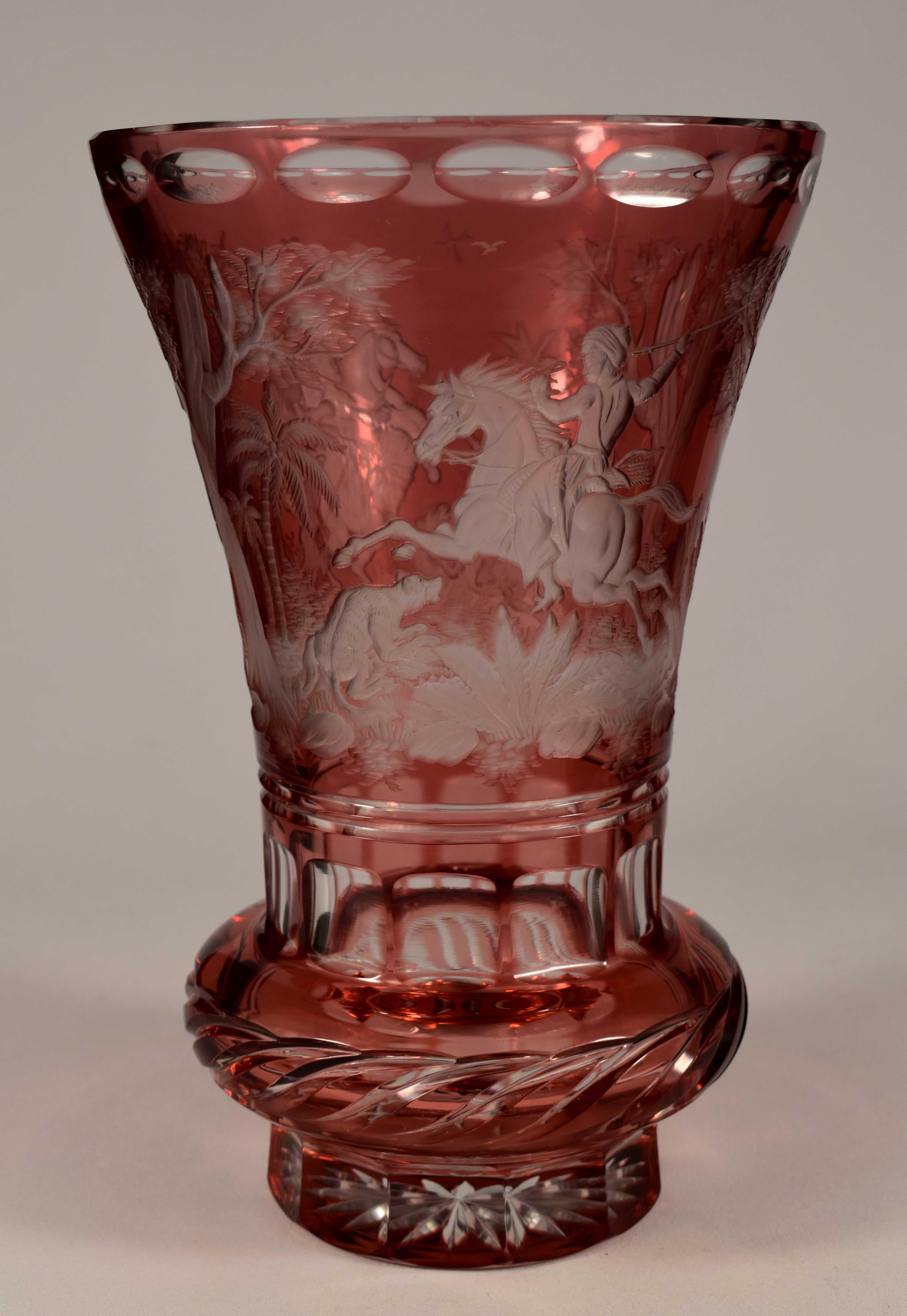 Hand-Crafted Ruby Overlay Vase Engraved, the Lion Hunt 20th Century, Bohemian Glass For Sale