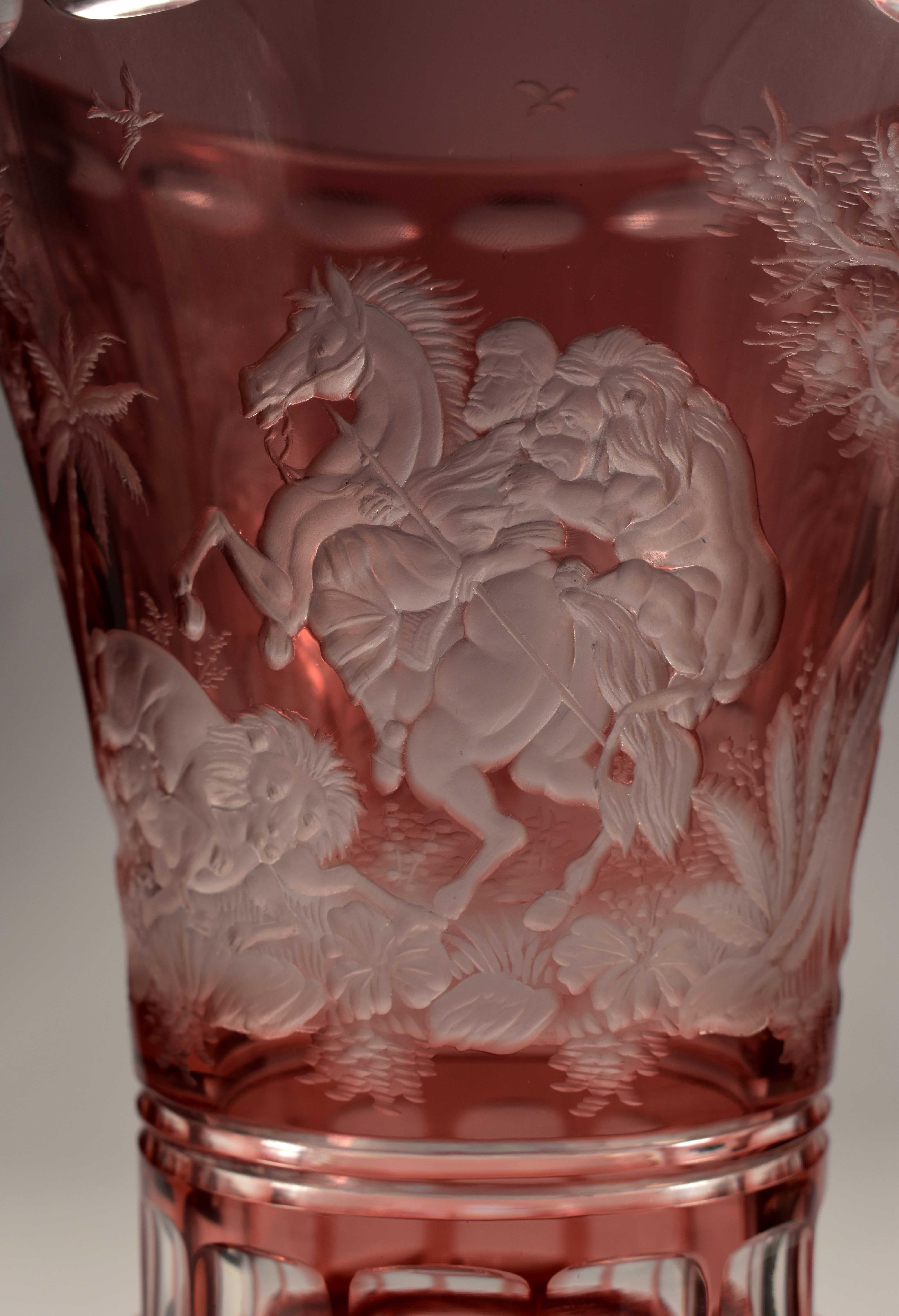 Ruby Overlay Vase Engraved, the Lion Hunt 20th Century, Bohemian Glass For Sale 1