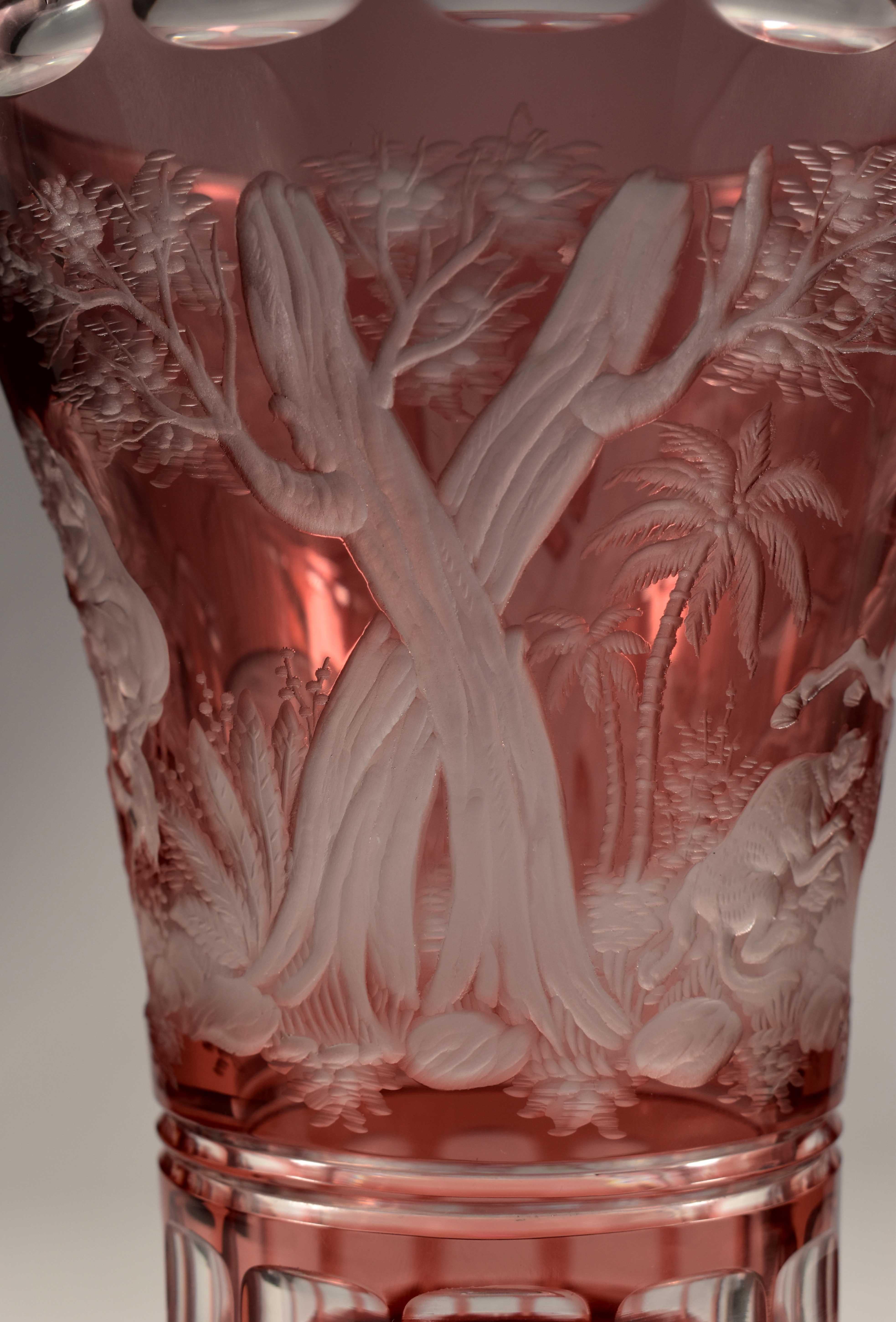 Ruby Overlay Vase Engraved, the Lion Hunt 20th Century, Bohemian Glass For Sale 2