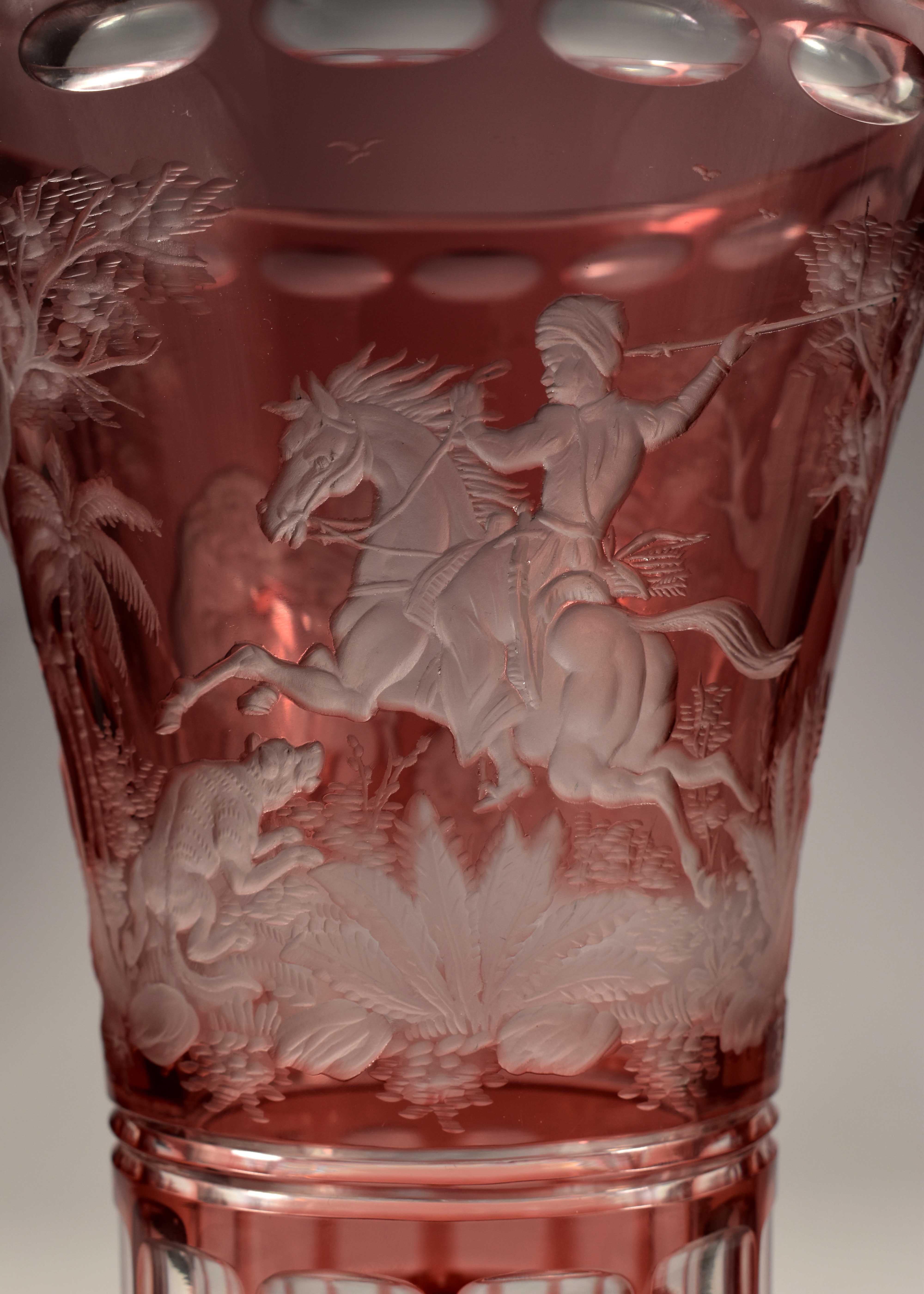 Ruby Overlay Vase Engraved, the Lion Hunt 20th Century, Bohemian Glass For Sale 3