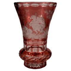 Ruby Overlay Vase Engraved, the Lion Hunt 20th Century, Bohemian Glass