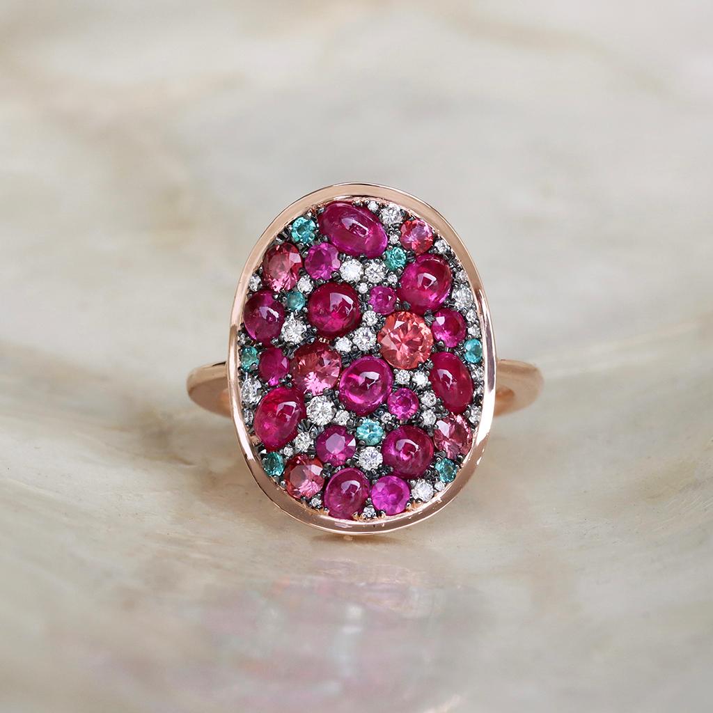 Ruby Padparadscha Sapphire Paraiba Tourmaline White Diamond Mosaic Ring 1