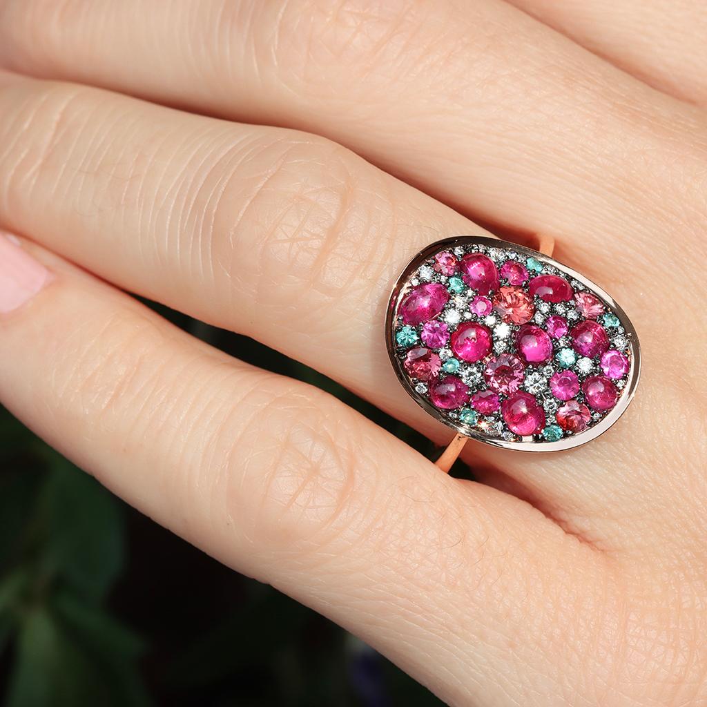 Ruby Padparadscha Sapphire Paraiba Tourmaline White Diamond Mosaic Ring 3