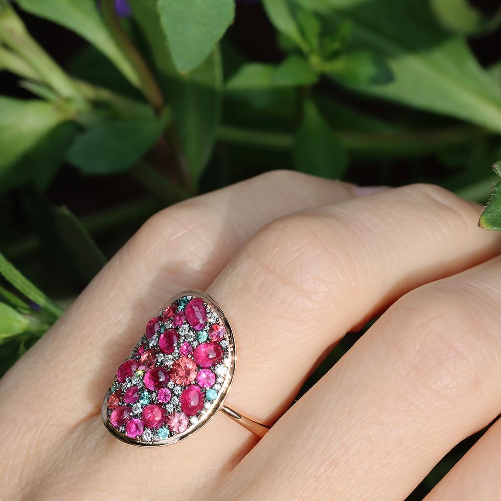Ruby Padparadscha Sapphire Paraiba Tourmaline White Diamond Mosaic Ring 6