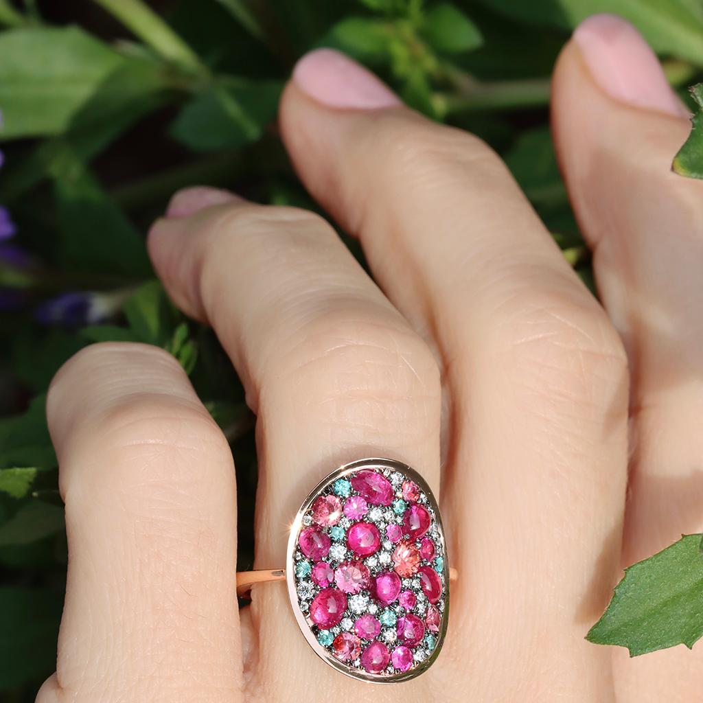 Ruby Padparadscha Sapphire Paraiba Tourmaline White Diamond Mosaic Ring 7