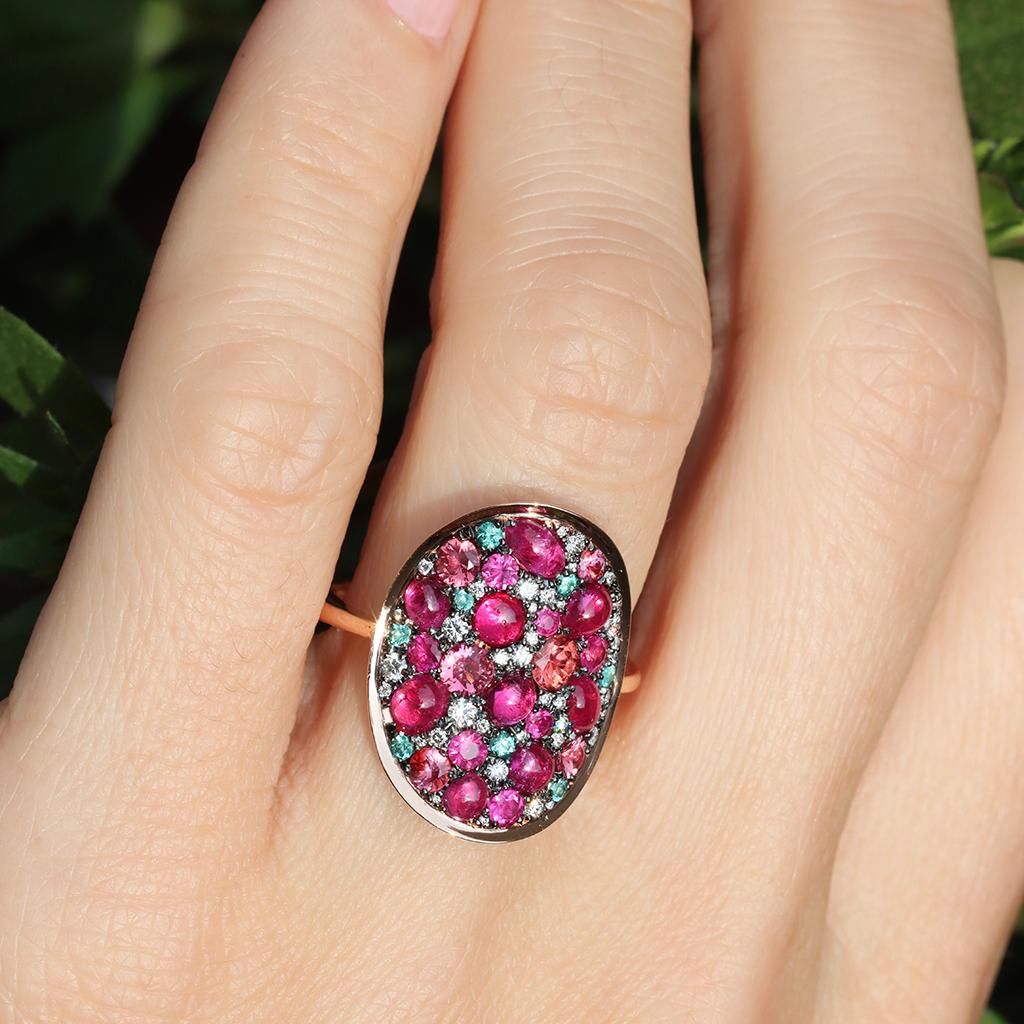 Ruby Padparadscha Sapphire Paraiba Tourmaline White Diamond Mosaic Ring 9