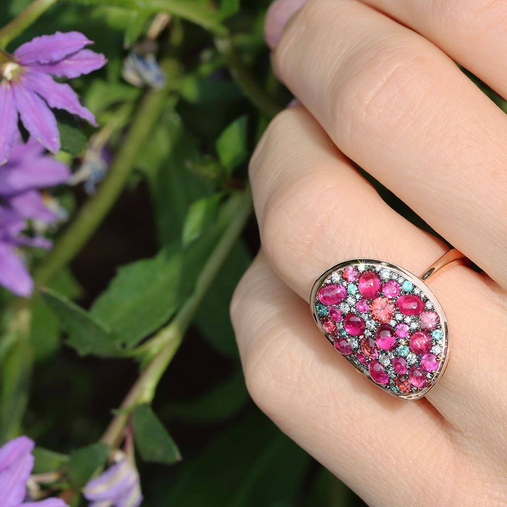 Ruby Padparadscha Sapphire Paraiba Tourmaline White Diamond Mosaic Ring 10