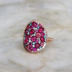Ruby Padparadscha Sapphire Paraiba Tourmaline White Diamond Mosaic Ring