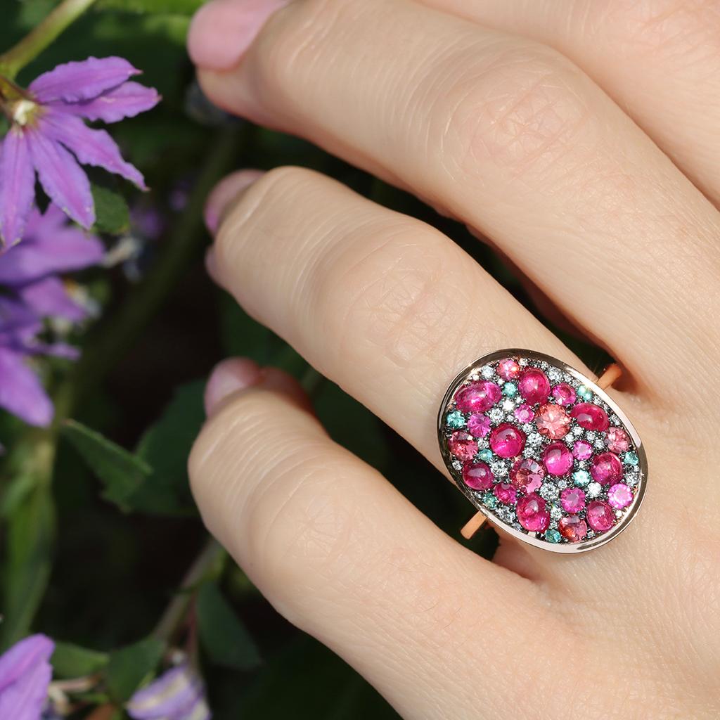 Ruby Padparadscha Sapphire Paraiba Tourmaline White Diamond Mosaic Ring 11