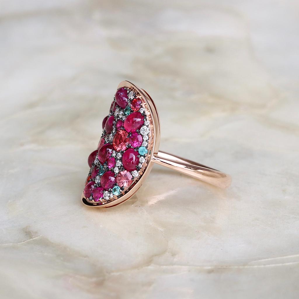Ruby Padparadscha Sapphire Paraiba Tourmaline White Diamond Mosaic Ring In New Condition In Antwerp, BE