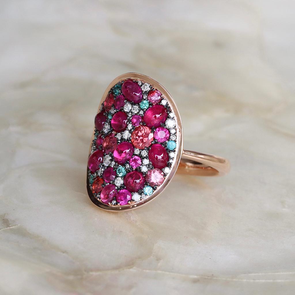 Women's Ruby Padparadscha Sapphire Paraiba Tourmaline White Diamond Mosaic Ring