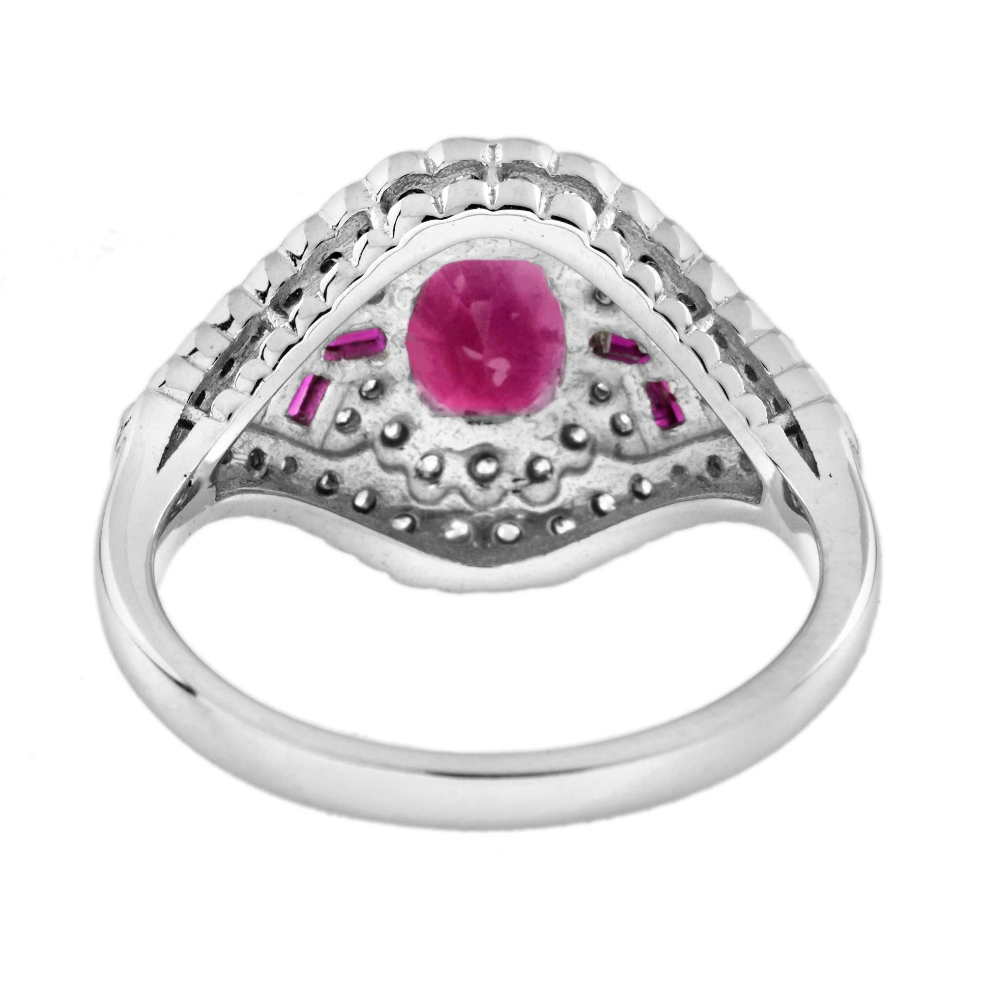 Taille octogone Bague en or blanc 14K avec rubis et diamants pavés d'inspiration Art Déco en vente