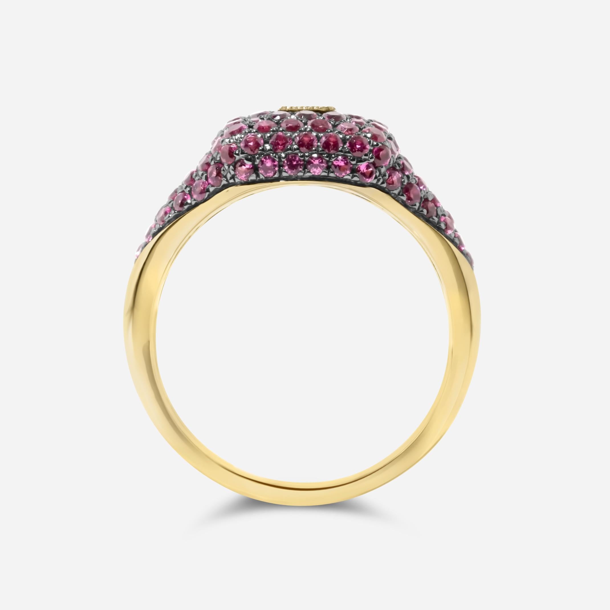 Ruby Pave Diamond Baguette Bezel Beaded 14 Karat Yellow Gold Signet Pinky Ring
14 Karat Yellow Gold
2.00 CT Rubies
0.15 cts Diamonds
Size 7, Resizable upon request 

Important Information:
Please note that this item will take 2-4 weeks to deliver -