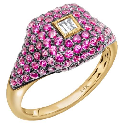 Ruby Pave Diamond Baguette Bezel Beaded 14 Karat Yellow Gold Signet Pinky Ring For Sale
