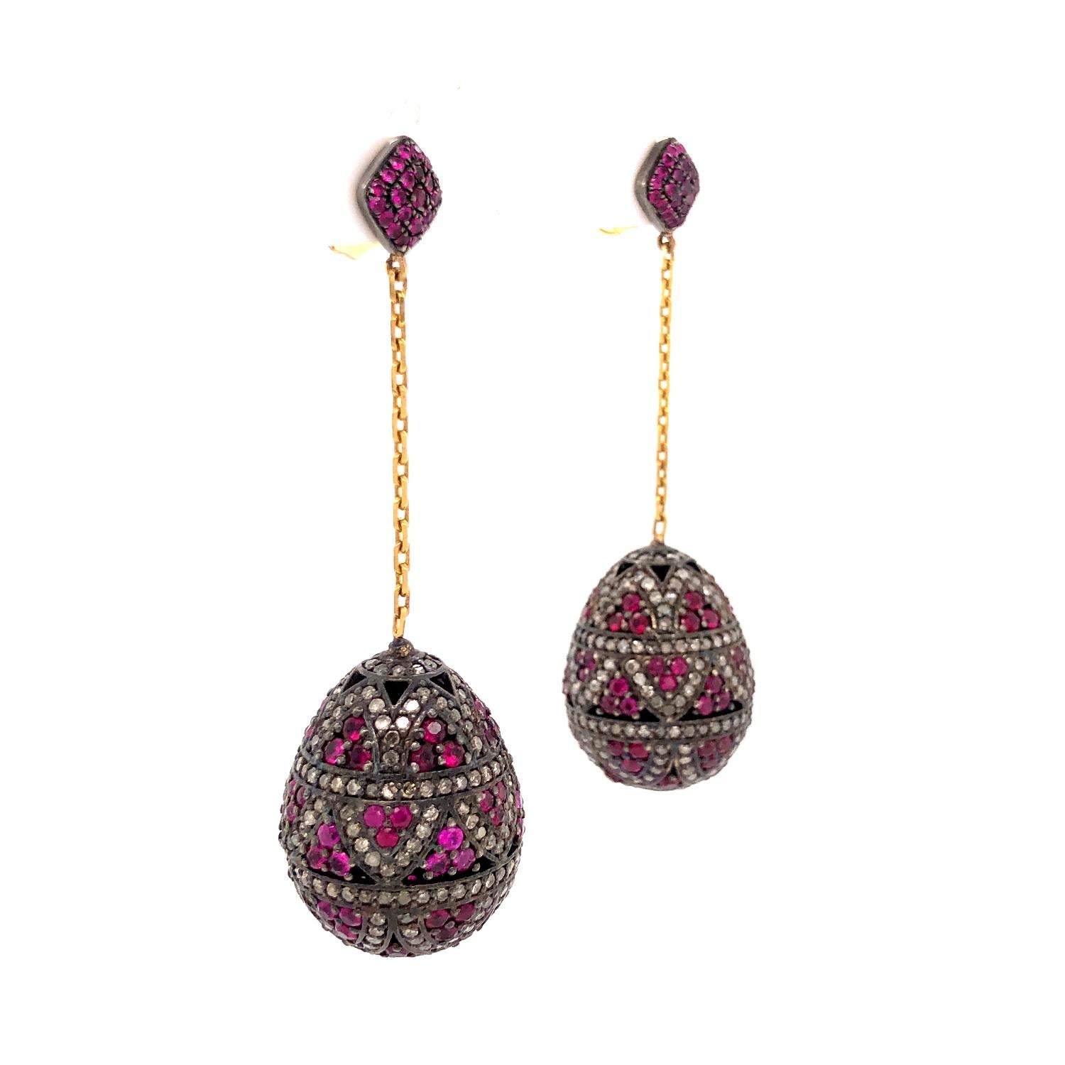 Artisan Ruby & Pave Diamond Ball Earrings Made in 18k Gold & Silver For Sale