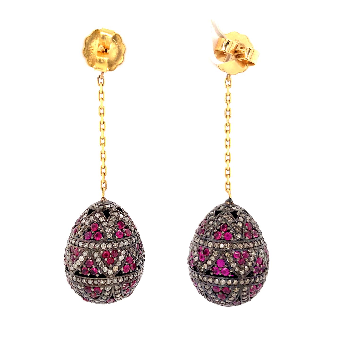Mixed Cut Ruby & Pave Diamond Ball Earrings Made in 18k Gold & Silver For Sale