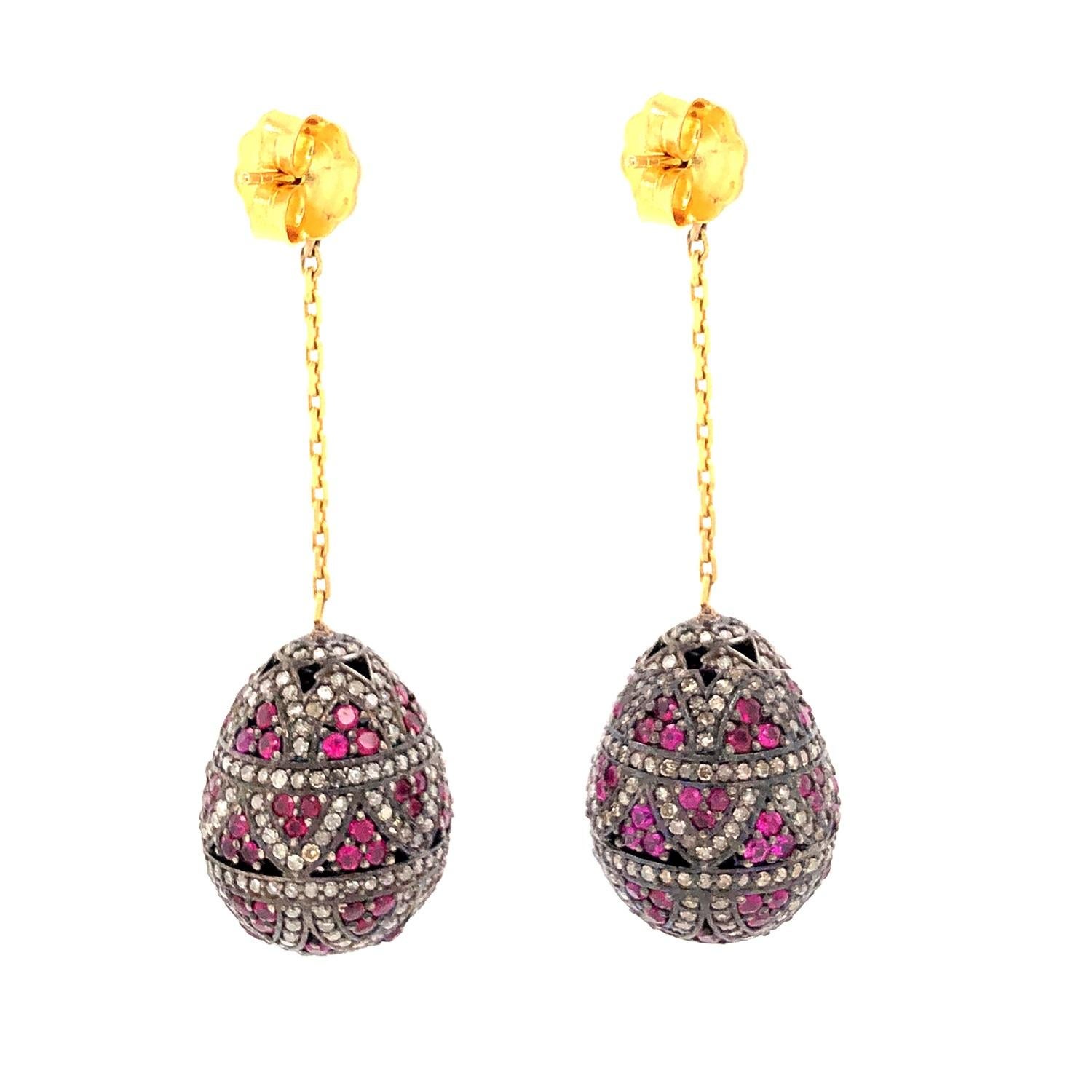 Ruby & Pave Diamond Ball Earrings Made in 18k Gold & Silver In New Condition For Sale In New York, NY