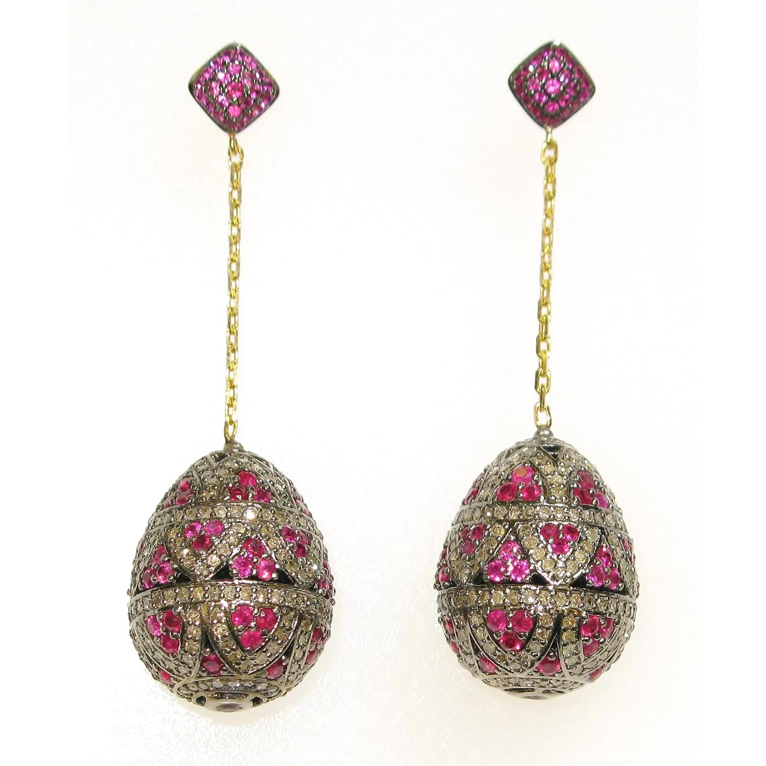 Women's Ruby & Pave Diamond Ball Earrings Made in 18k Gold & Silver For Sale