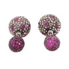 Ruby & Pave Diamond Ball Tunnel Earrings Made in 14k Gold & Silver