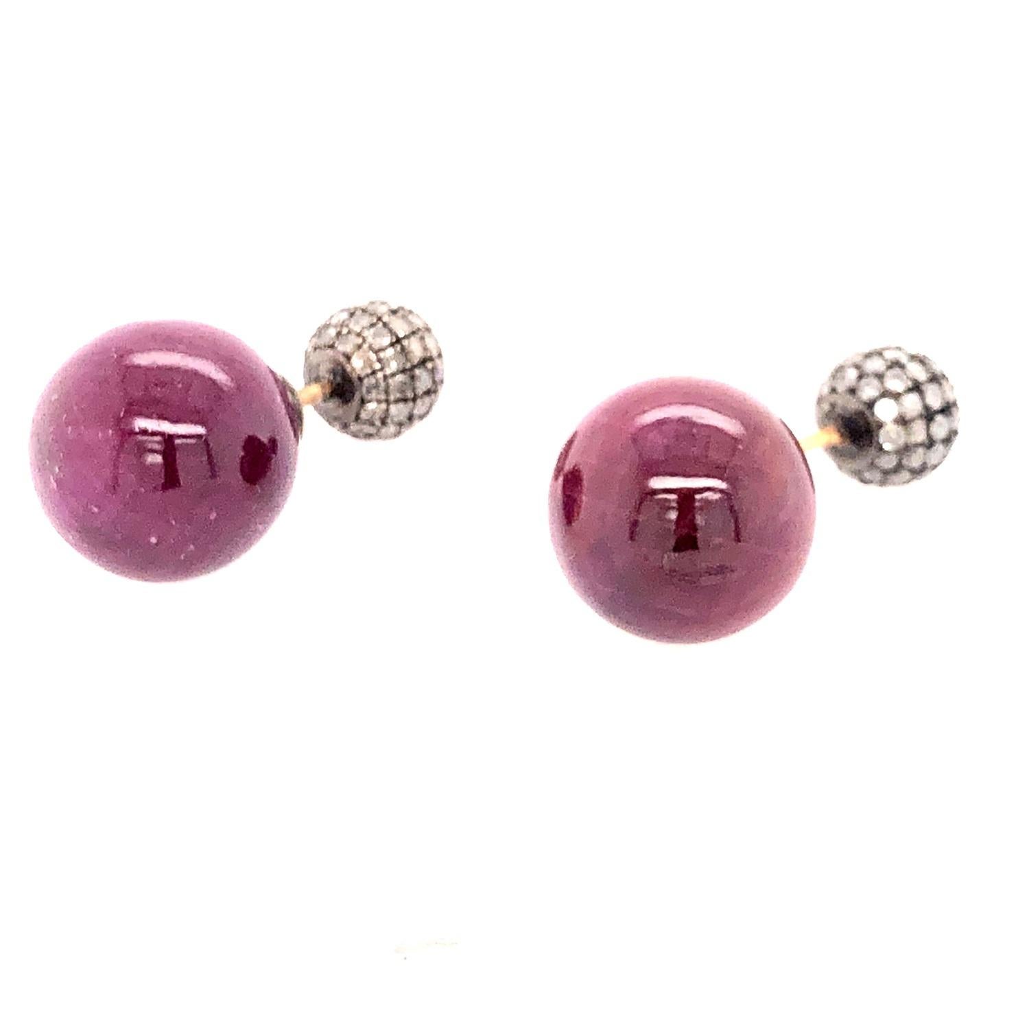 Artisan Ruby & Pave Diamond Ball Tunnel Earrings Made in 14k Gold & Silver For Sale