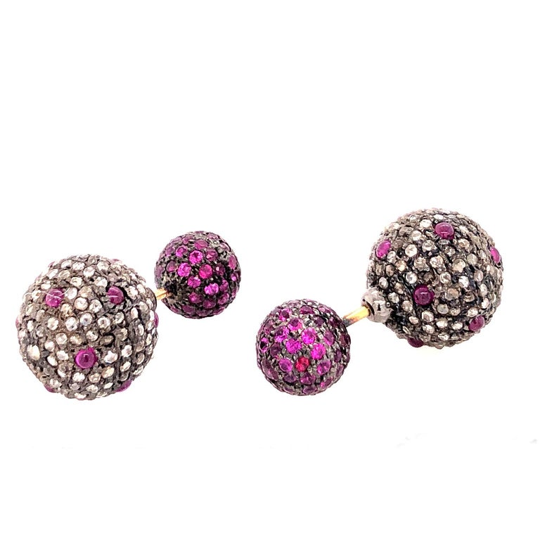 Ruby and Pave Diamond Ball Tunnel Earrings Made in 14k Gold and Silver ...