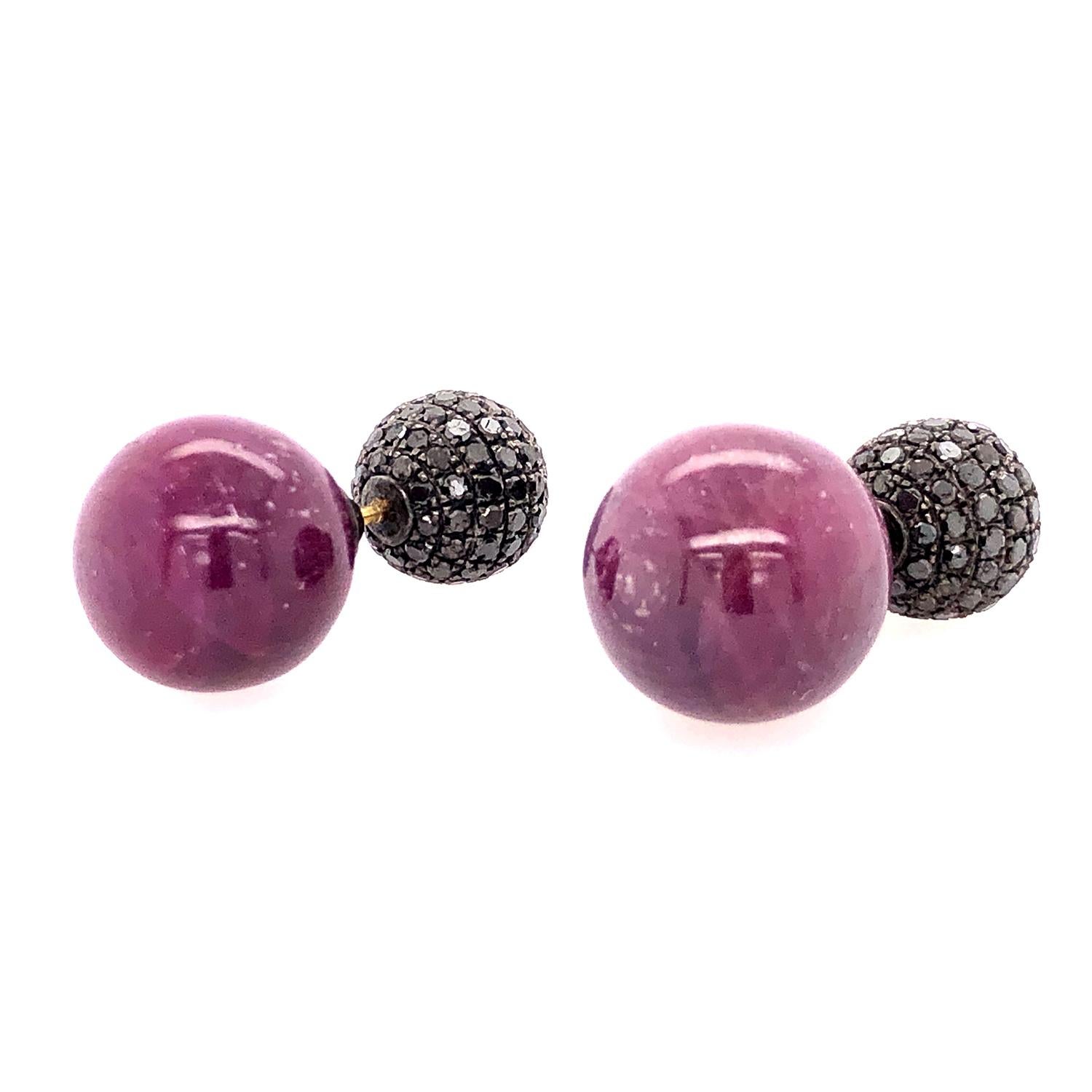 Mixed Cut Ruby & Pave Diamond Ball Tunnel Earrings Made in 14k Gold & Silver For Sale