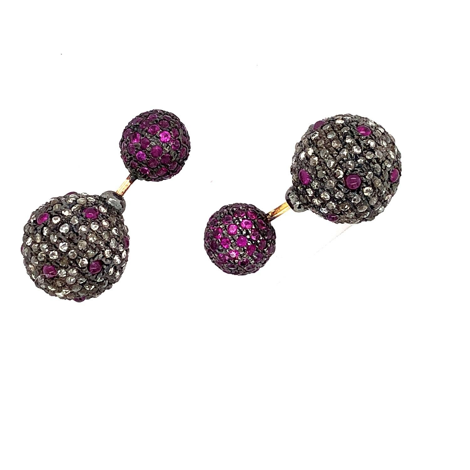 Mixed Cut Ruby & Pave Diamond Ball Tunnel Earrings Made in 14k Gold & Silver For Sale