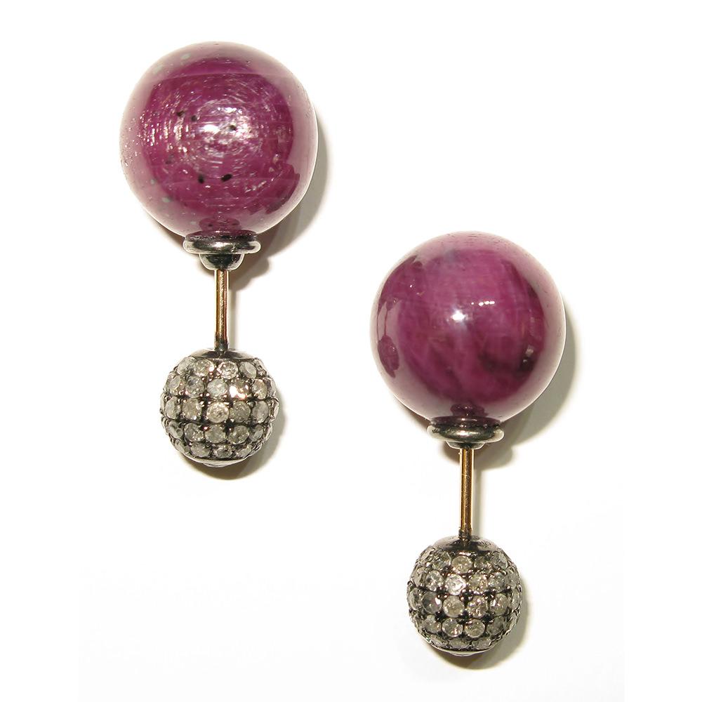 Ruby & Pave Diamond Ball Tunnel Earrings Made in 14k Gold & Silver In New Condition For Sale In New York, NY