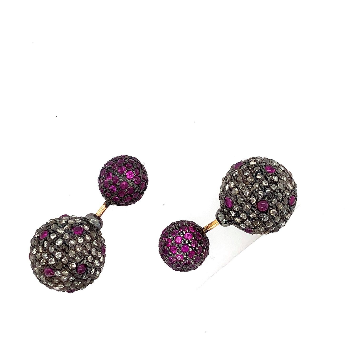 Ruby & Pave Diamond Ball Tunnel Earrings Made in 14k Gold & Silver In New Condition For Sale In New York, NY