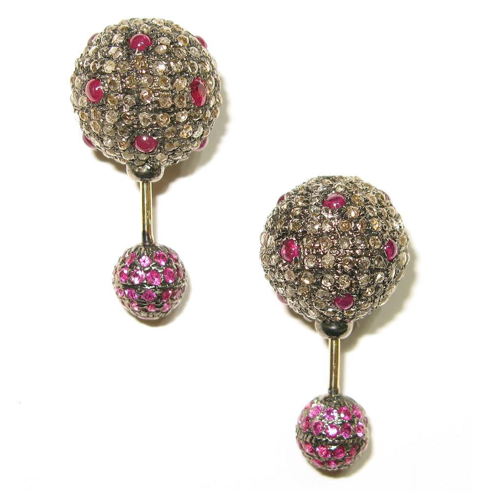 Women's Ruby & Pave Diamond Ball Tunnel Earrings Made in 14k Gold & Silver For Sale
