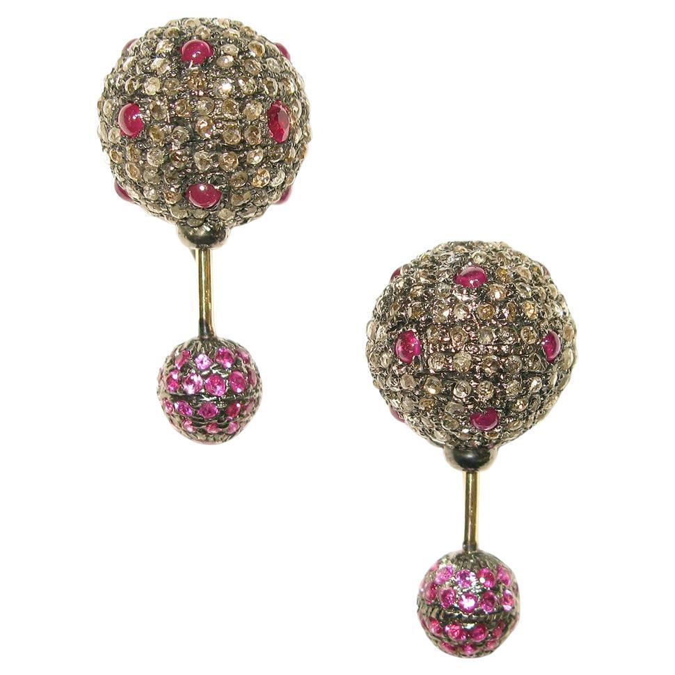Ruby & Pave Diamond Ball Tunnel Earrings Made in 14k Gold & Silver For Sale