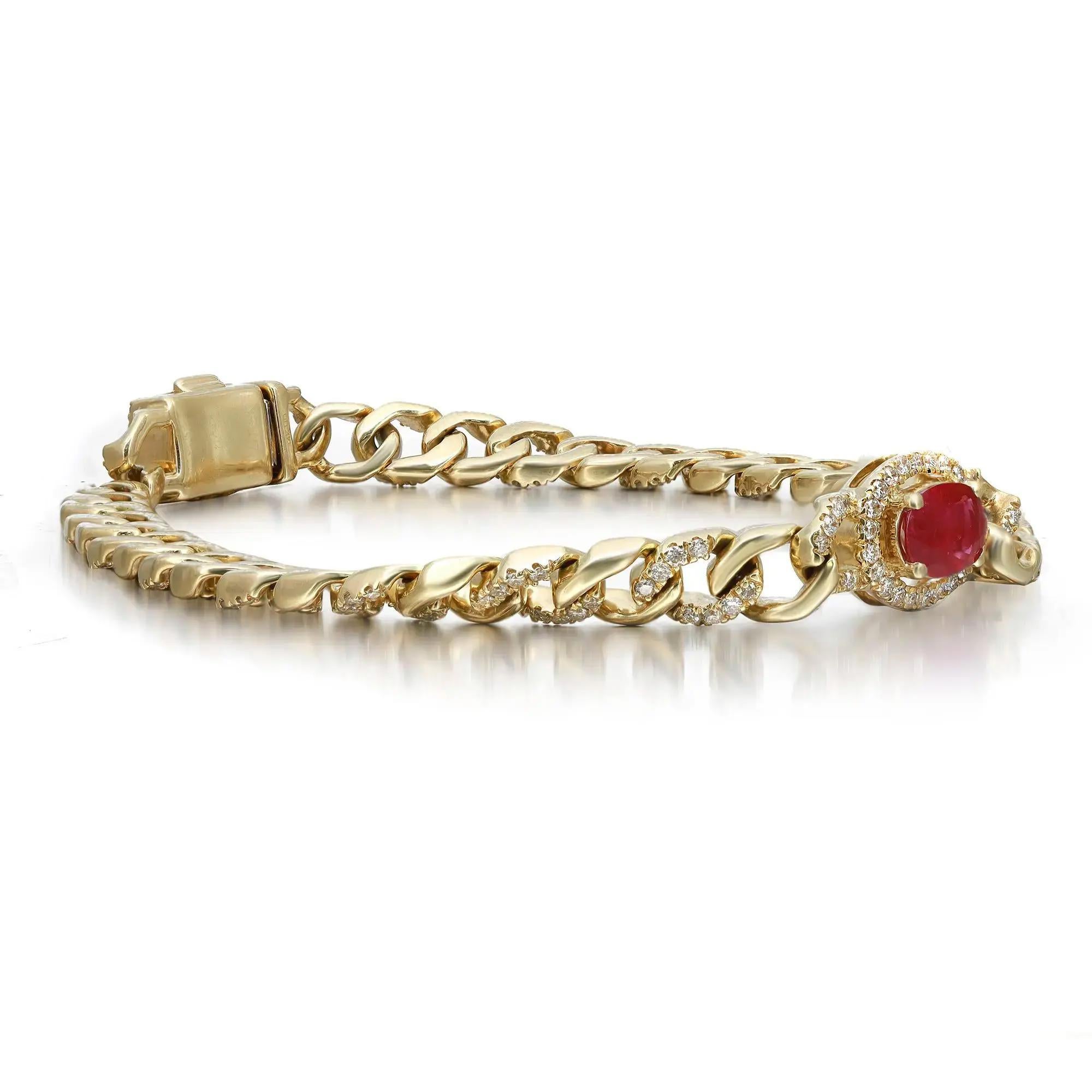 This beautifully crafted chain bracelet features a prong set oval shaped Ruby in the center with a round cut diamond halo attached to a pave set round diamond studded Cuban link chain. Crafted in 14k yellow gold. Total ruby weight: 0.94 carat. Total