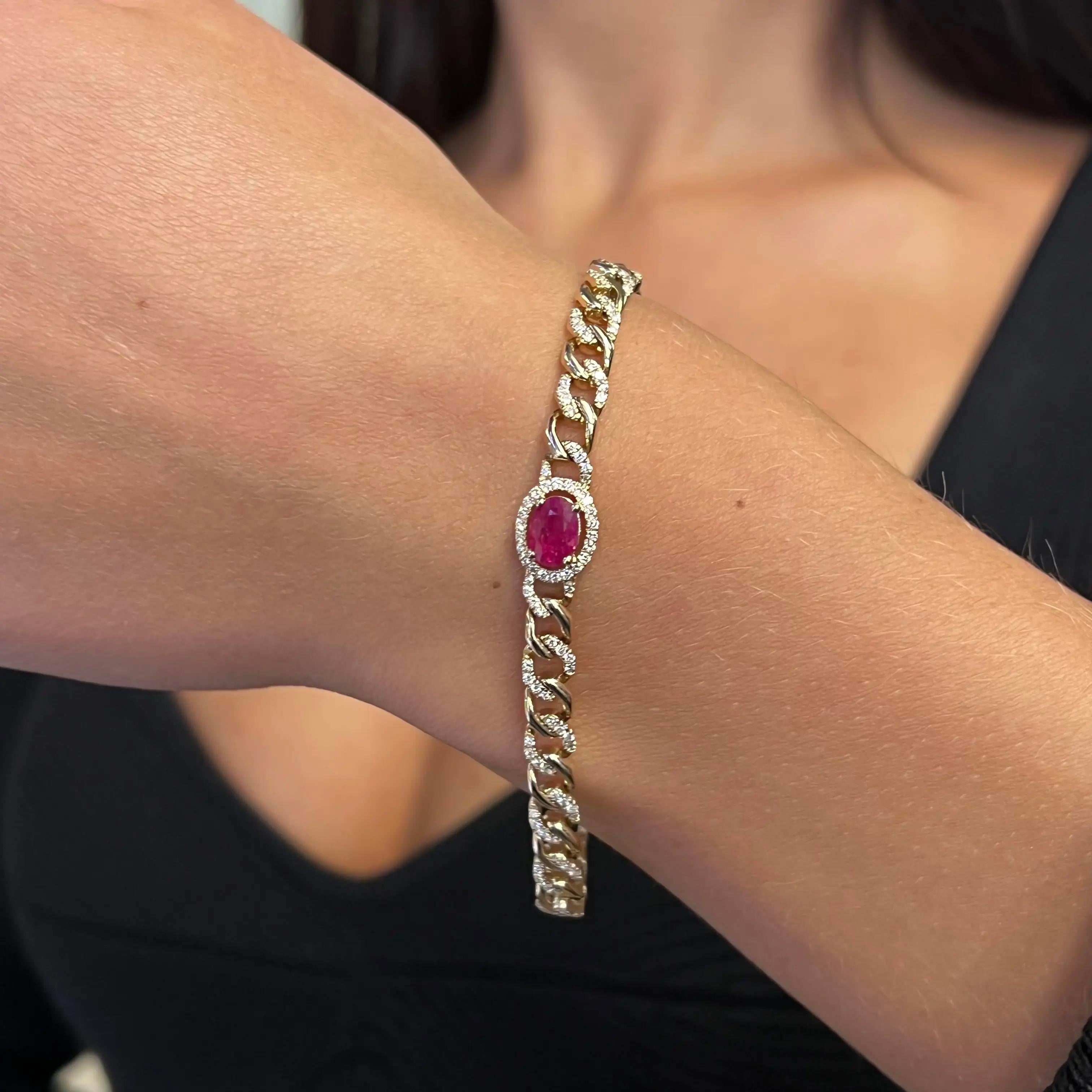 Oval Cut Ruby & Pave Diamond Chain Bracelet 14K Yellow Gold For Sale