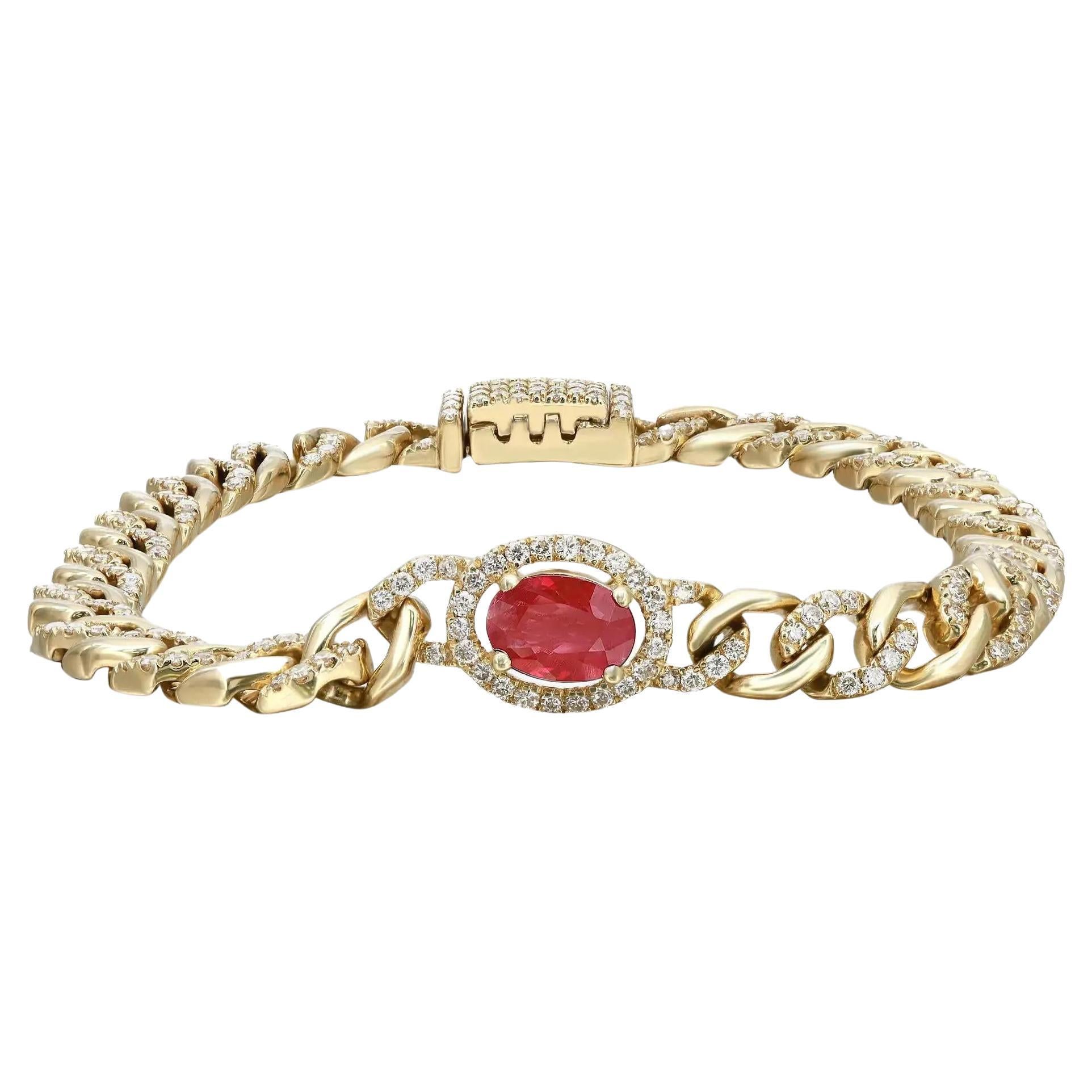 Ruby & Pave Diamond Chain Bracelet 14K Yellow Gold For Sale