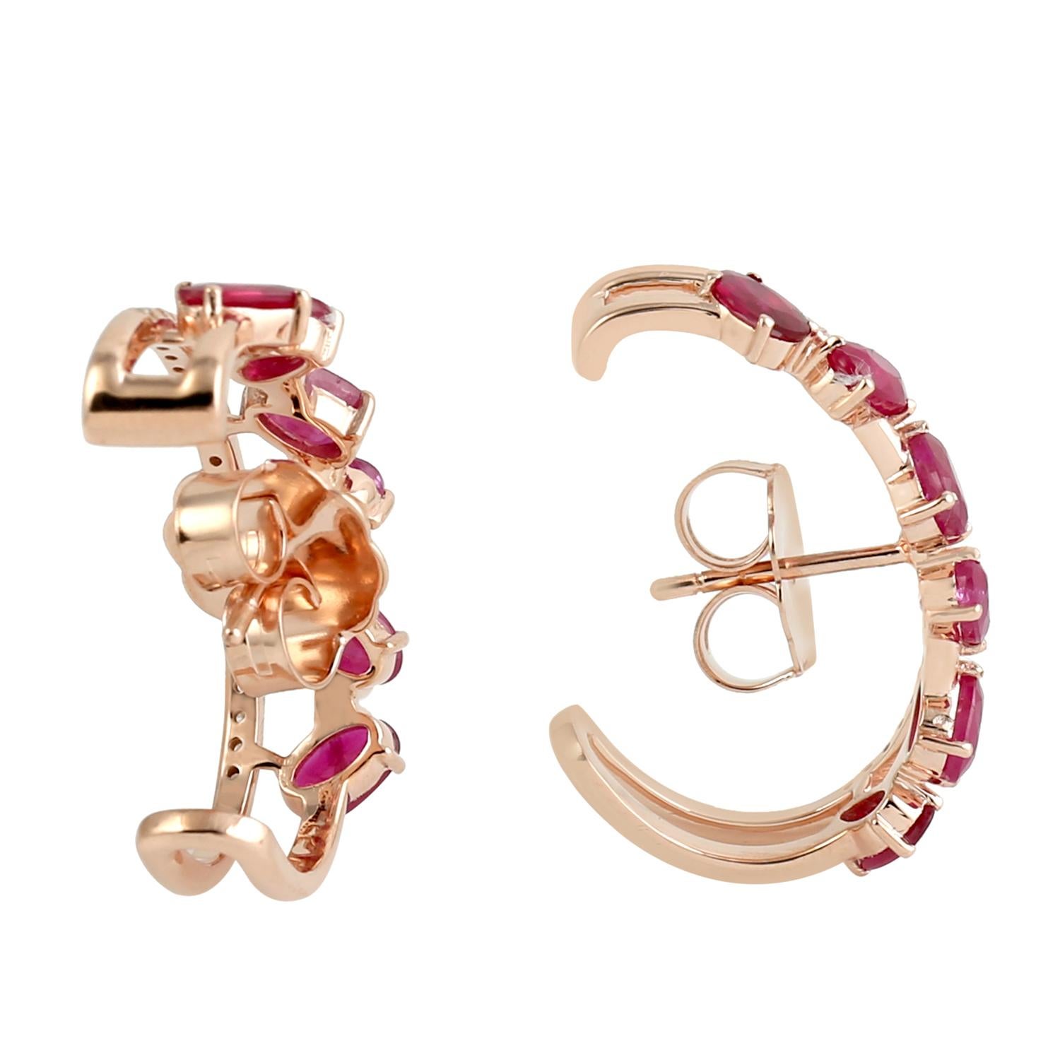 Artisan Ruby & Pave Diamond Hoop Earrings Made In 18Kt Rose Gold For Sale