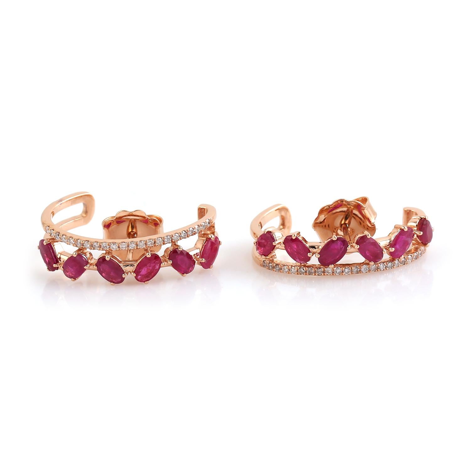 Mixed Cut Ruby & Pave Diamond Hoop Earrings Made In 18Kt Rose Gold For Sale