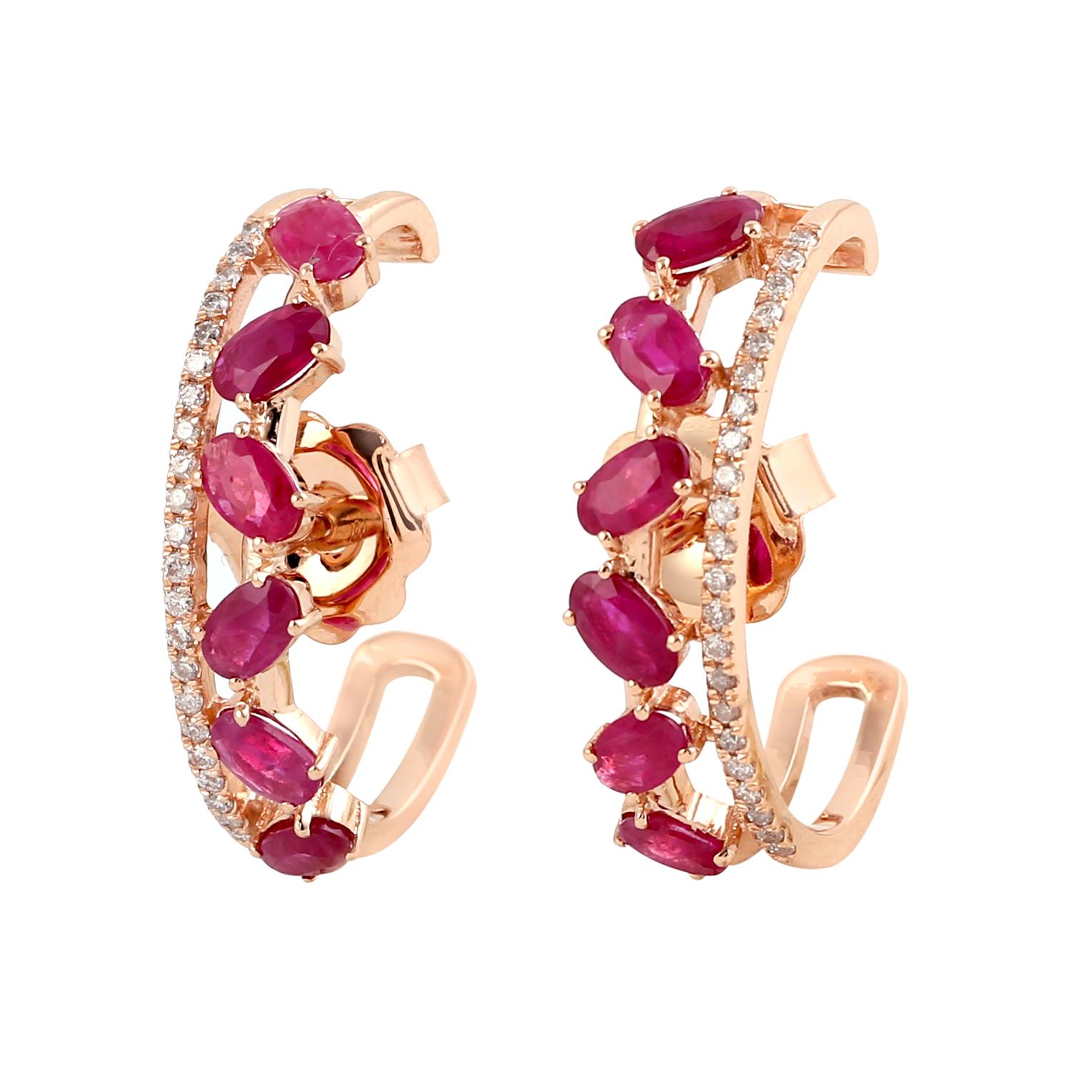 Ruby & Pave Diamond Hoop Earrings Made In 18Kt Rose Gold In New Condition For Sale In New York, NY