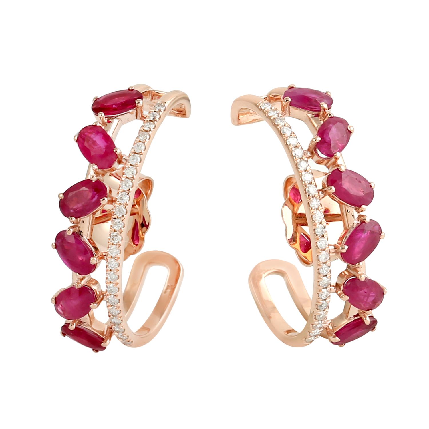 Women's Ruby & Pave Diamond Hoop Earrings Made In 18Kt Rose Gold For Sale