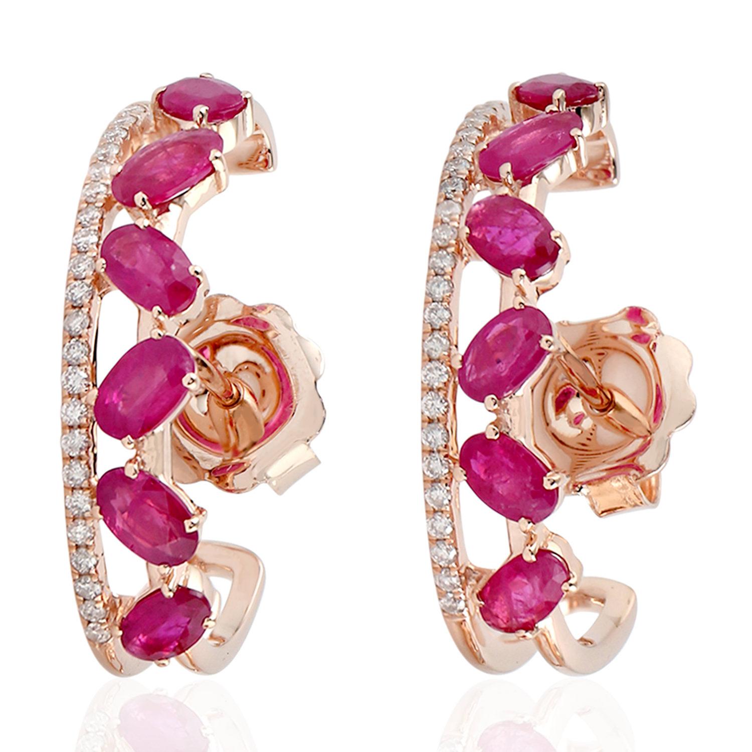 Ruby & Pave Diamond Hoop Earrings Made In 18Kt Rose Gold For Sale 1